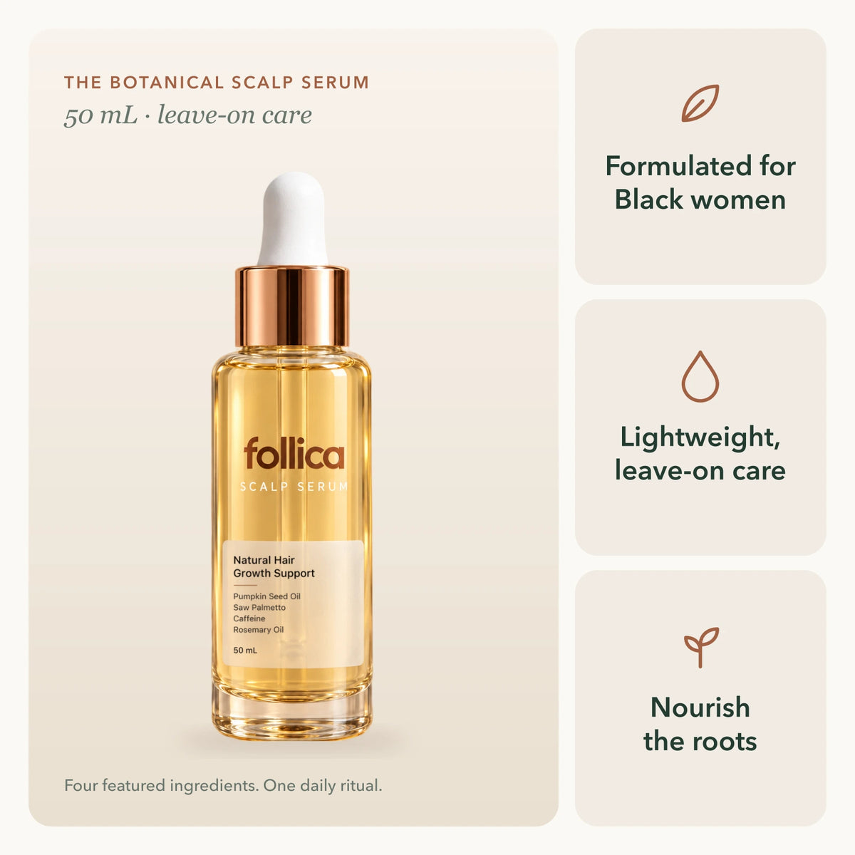 Follica Botanical Scalp Serum: formulated for Black women, lightweight leave-on care, nourish the roots