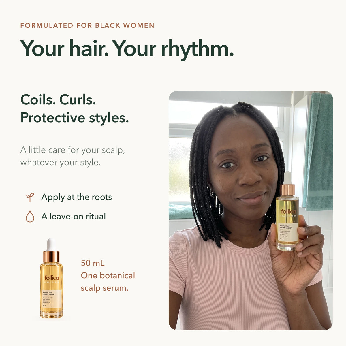Formulated for Black women: a Black woman holding the Follica scalp serum